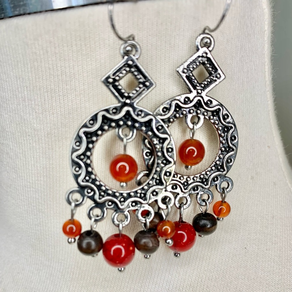 Boho pewter earrings w/ warm colors beads